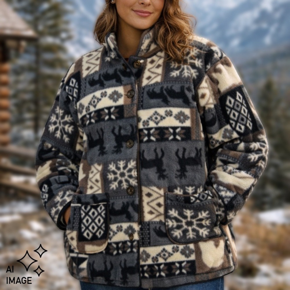 Handmade Cabincore Fleece Button Up Jacket Womens XL Patchwork Deer Bear Print